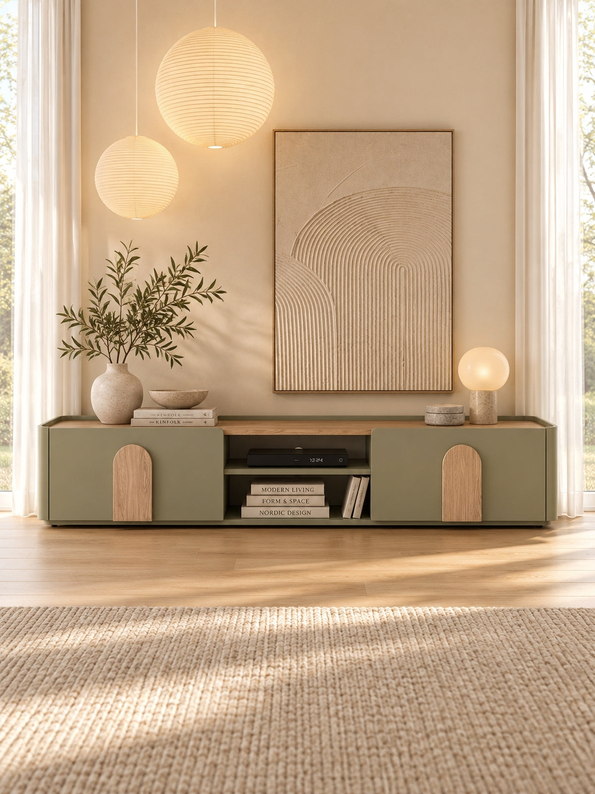 skříňka RTV Amilio 170 cm z szuflada - eukaliptus / dub baltic dune / Úchytky dub přírodní