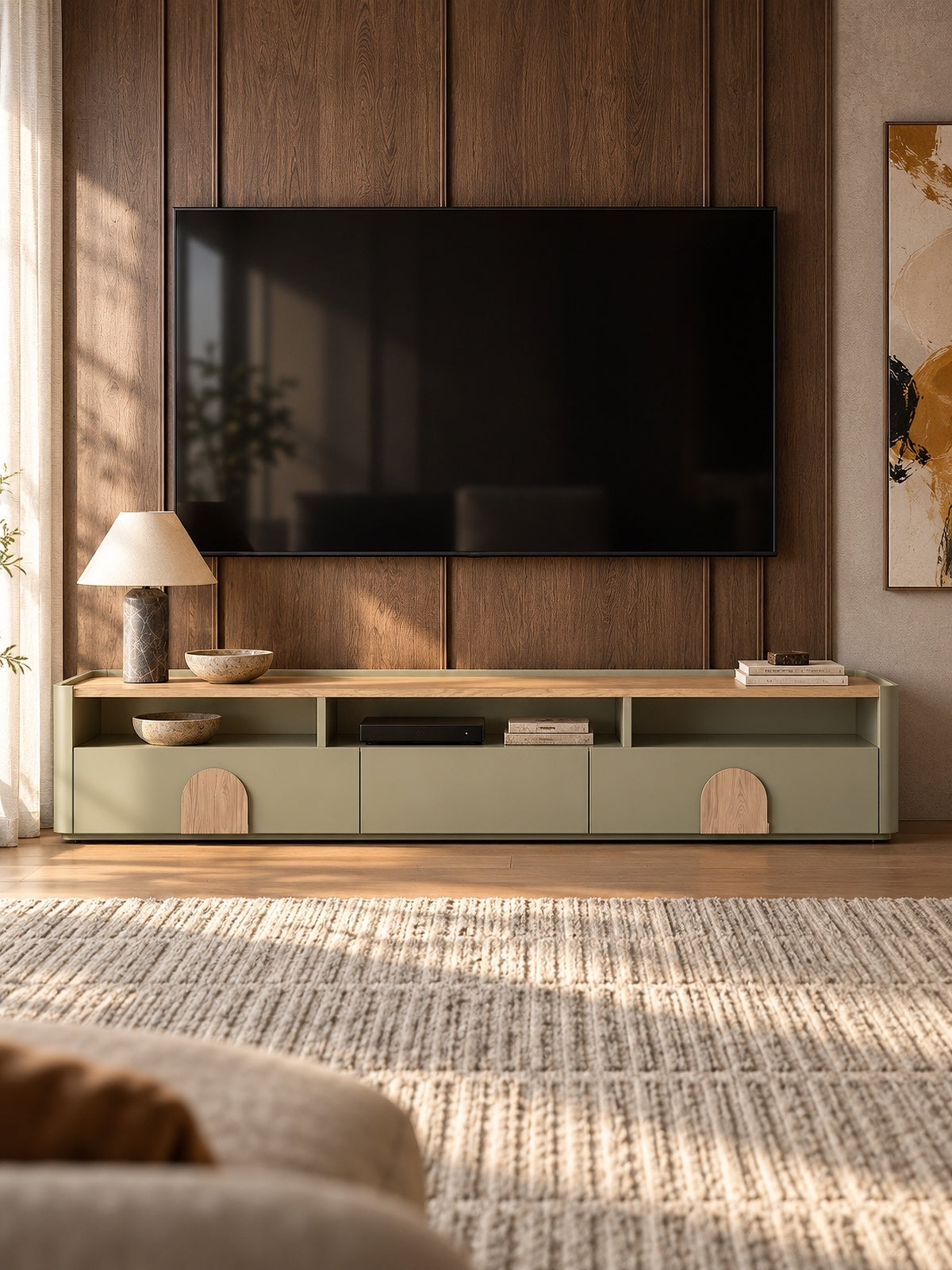 skříňka RTV Amilio 200 cm se zásuvkami - eukaliptus / dub baltic dune / Úchytky dub přírodní