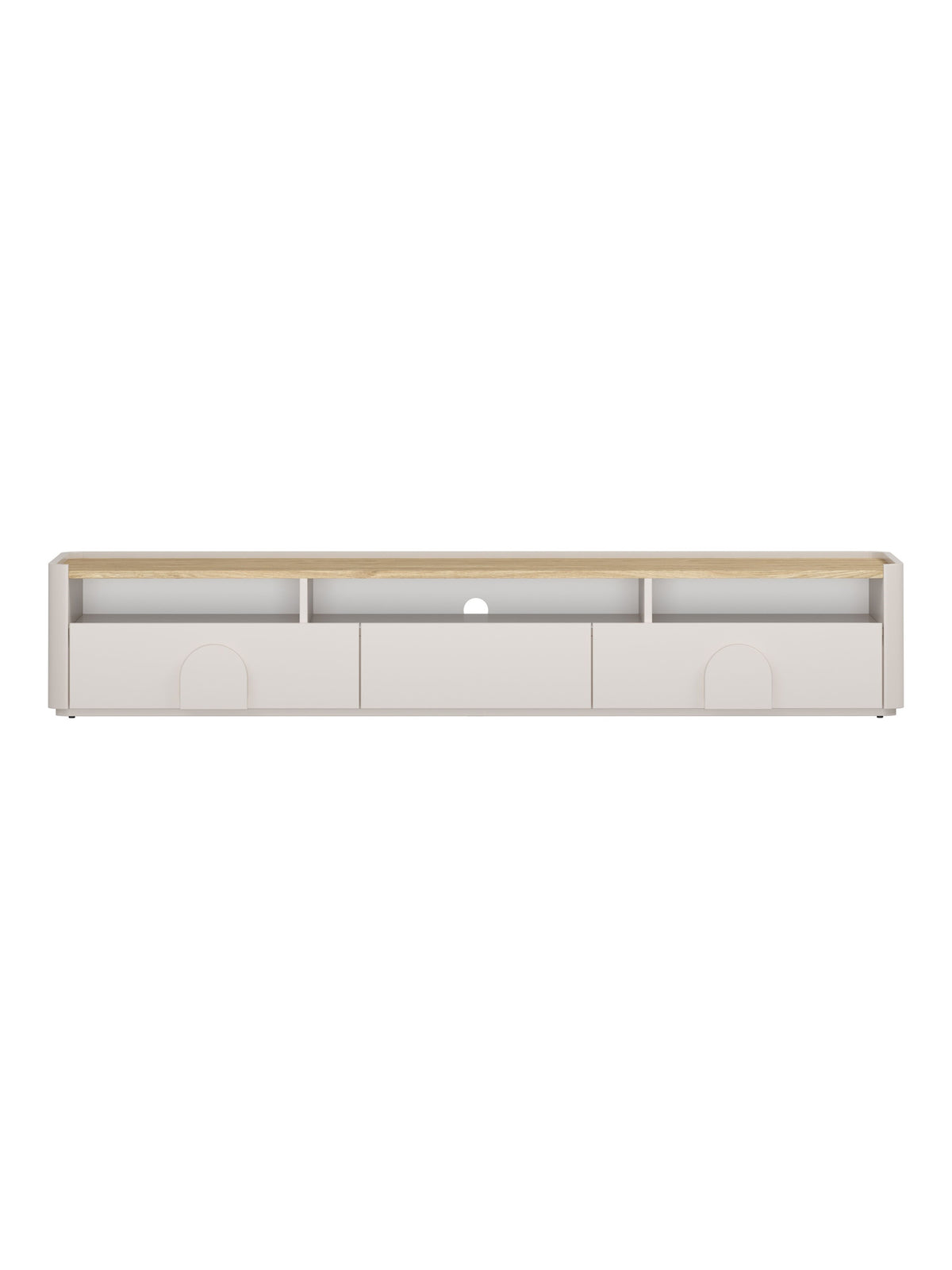 Szafka RTV Amilio 200 cm kaszmir z blatem dąb olejowany i trzema wnękami widok z przodu