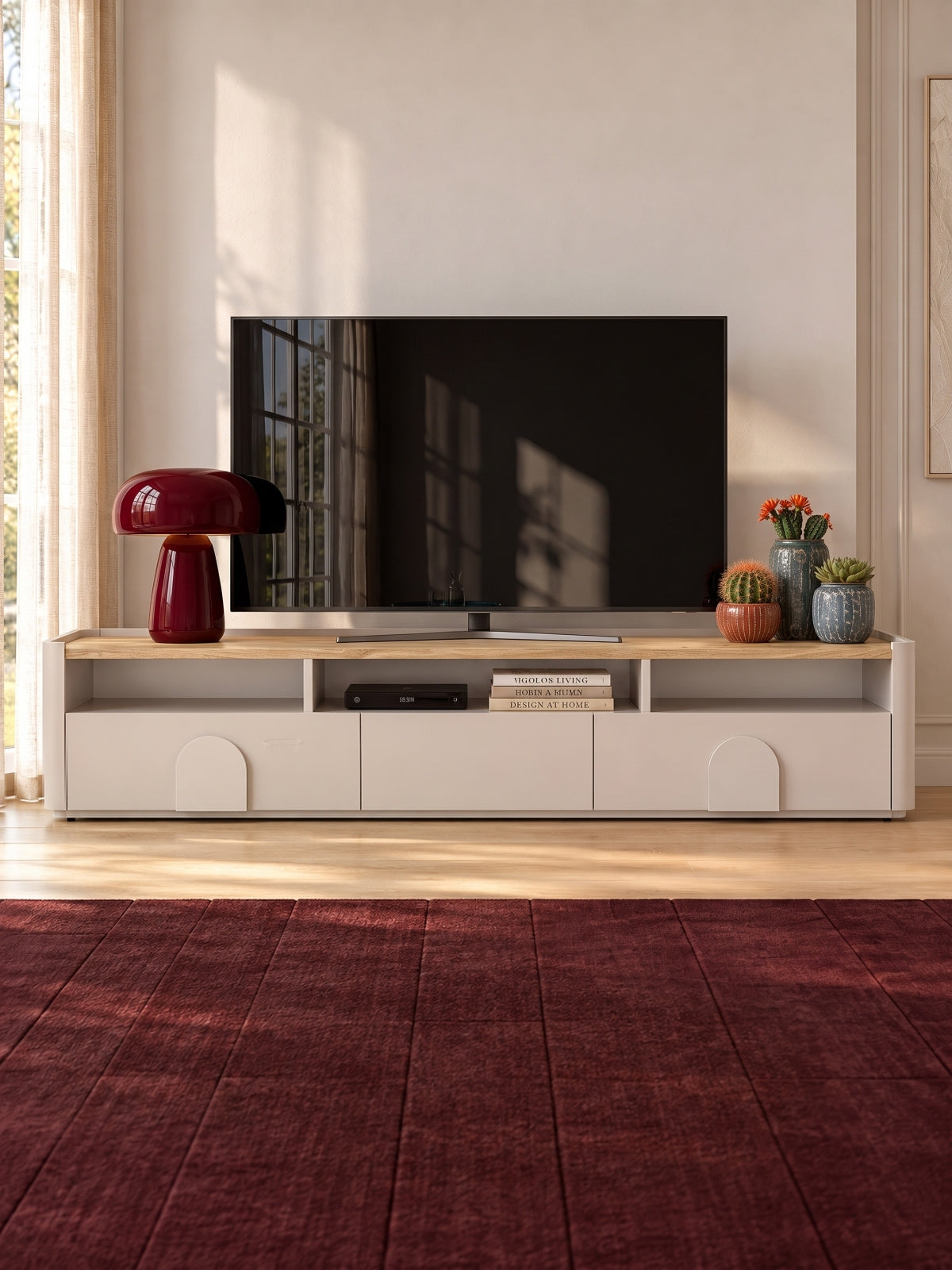 skříňka RTV Amilio 200 cm se zásuvkami - kašmír / dub olejowany / Úchytky kašmír
