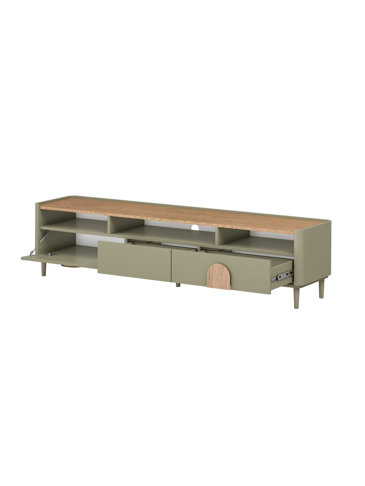 TV komoda Amilio 200 cm s zásuvkami, eukalyptus barva, deska dub baltic dune