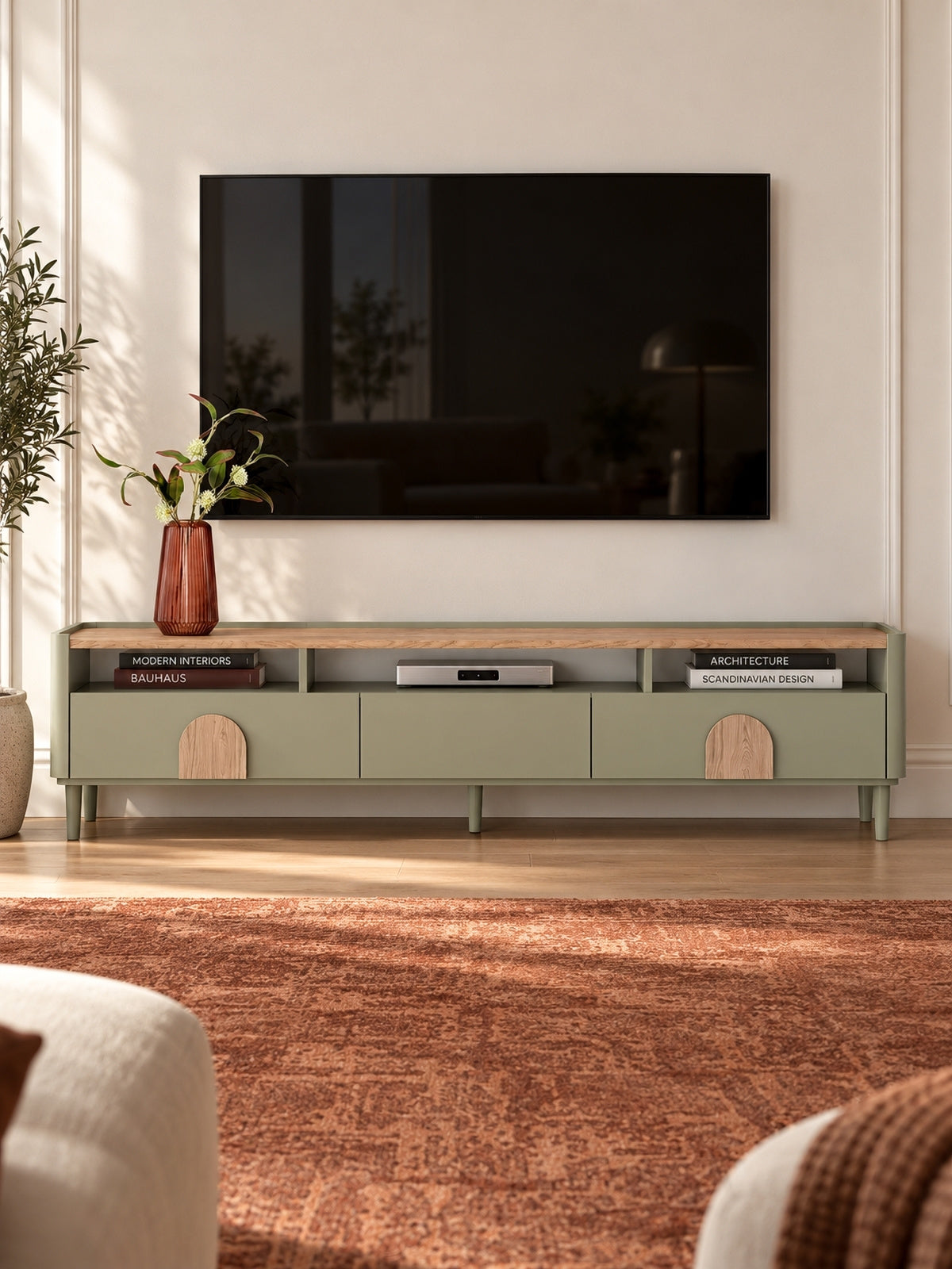 skříňka RTV Amilio 200 cm se zásuvkami na nožkách - eukaliptus / dub baltic dune / Úchytky dub přírodní