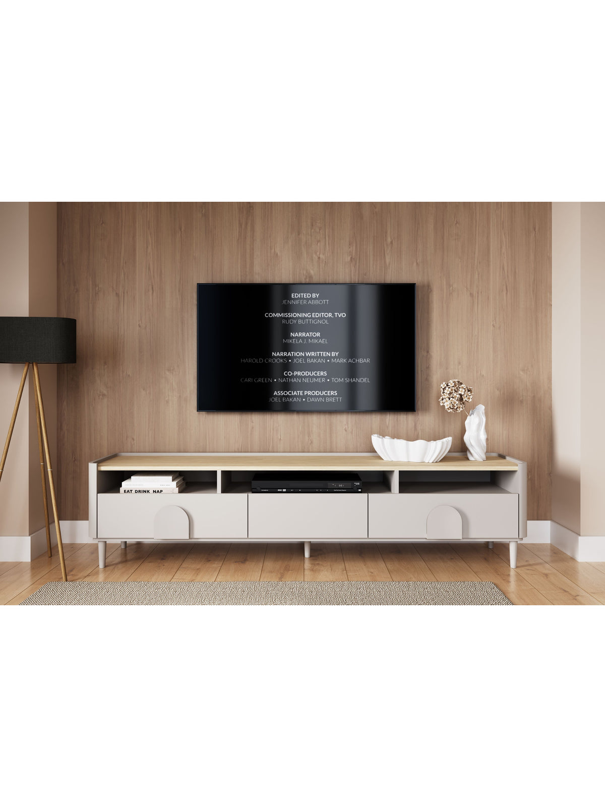 TV skříňka Amilio 200 cm kasmírová s dubovou deskou a zásuvkami na nohách