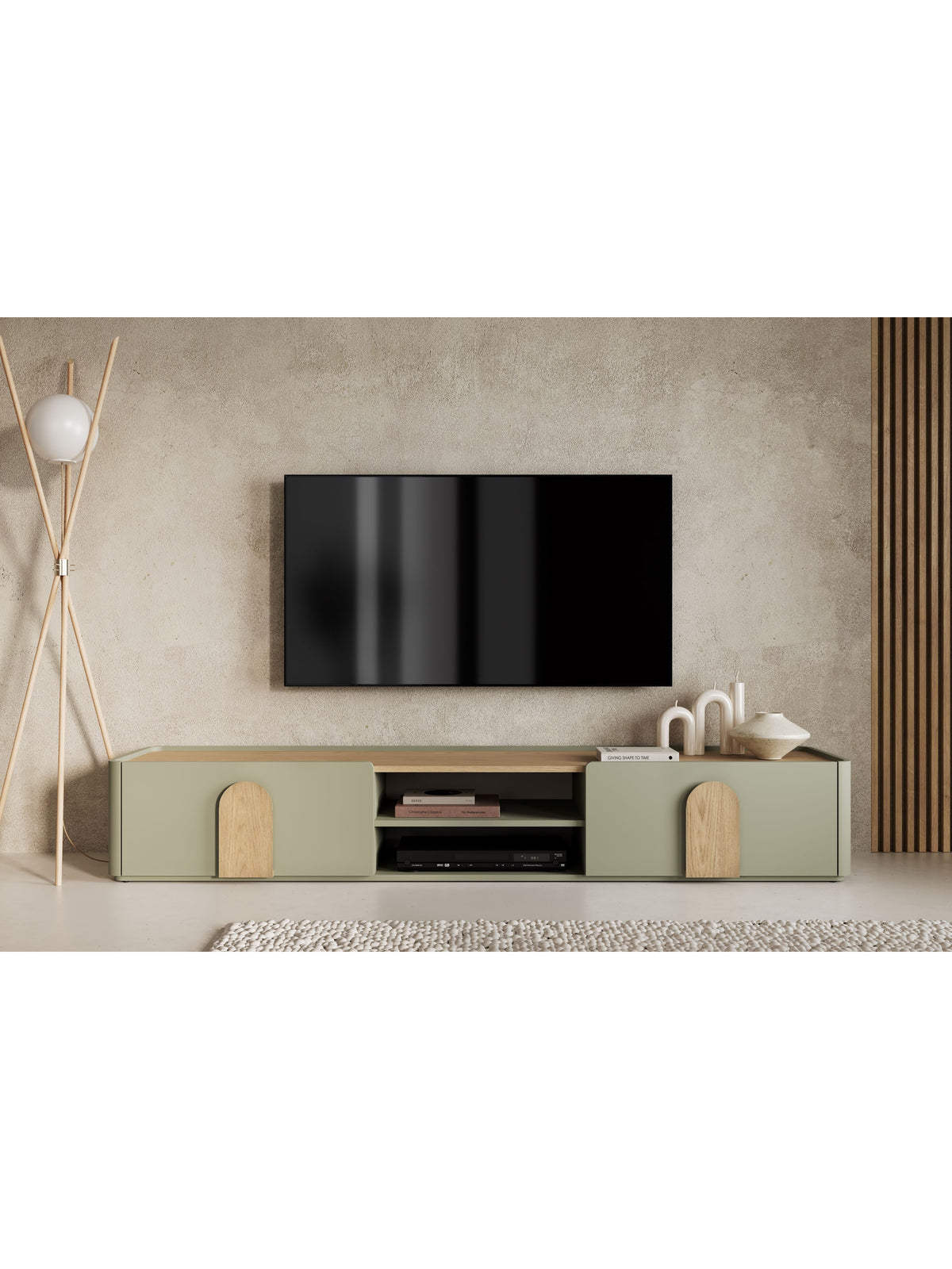 TV stolek Amilio 220 cm s zásuvkou v barvě eukalyptus s deskou dub baltic dune