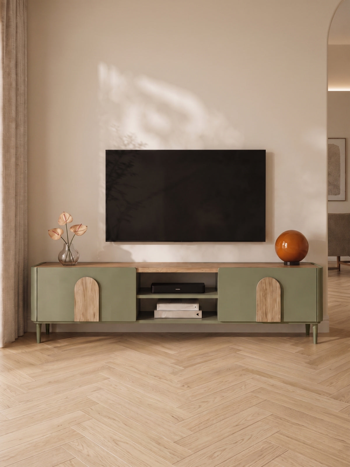 RTV komoda Amilio 220 cm olivová s šuplíkem a eukalyptovým čelem