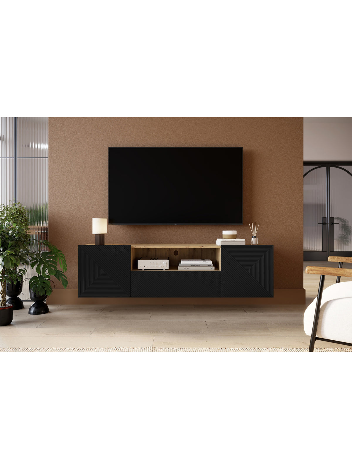 Skříňka RTV Asha 167 cm závěsná z szuflada i wneka - artisan / černá mat