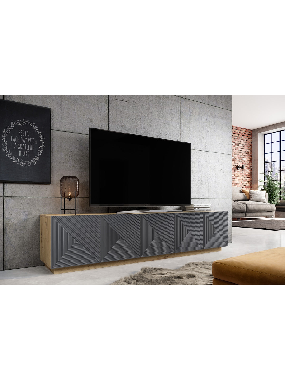 RTV skříňka Asha 200 cm s pěti dveřmi a ryhovaným čelem v barvě rivier stone mat a artisan korpusu