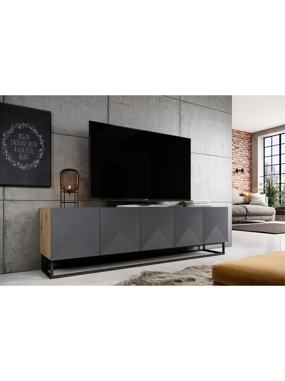 TV stolek Asha 200 cm s ryhovanými dvířky rivier stone mat a černým kovovým rámem