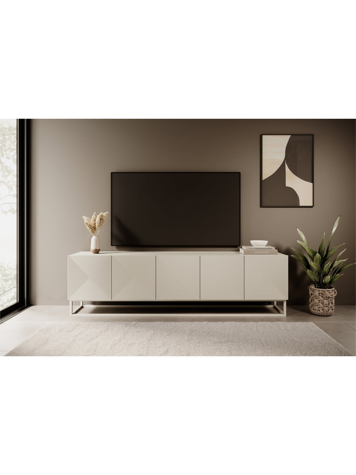 RTV skříňka Asha 200 cm s ryflowanými cashmere mat dvířky na kovových nohách