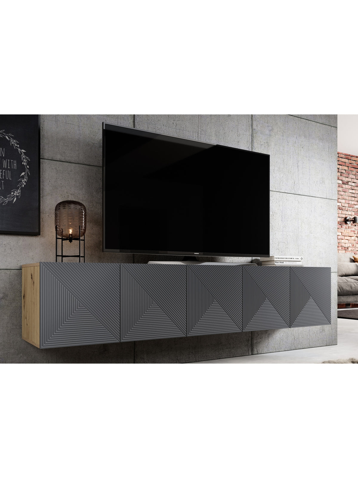 Závěsná TV skříňka Asha 200 cm s ryflowanými dvířky v artisan a rivier stone mat