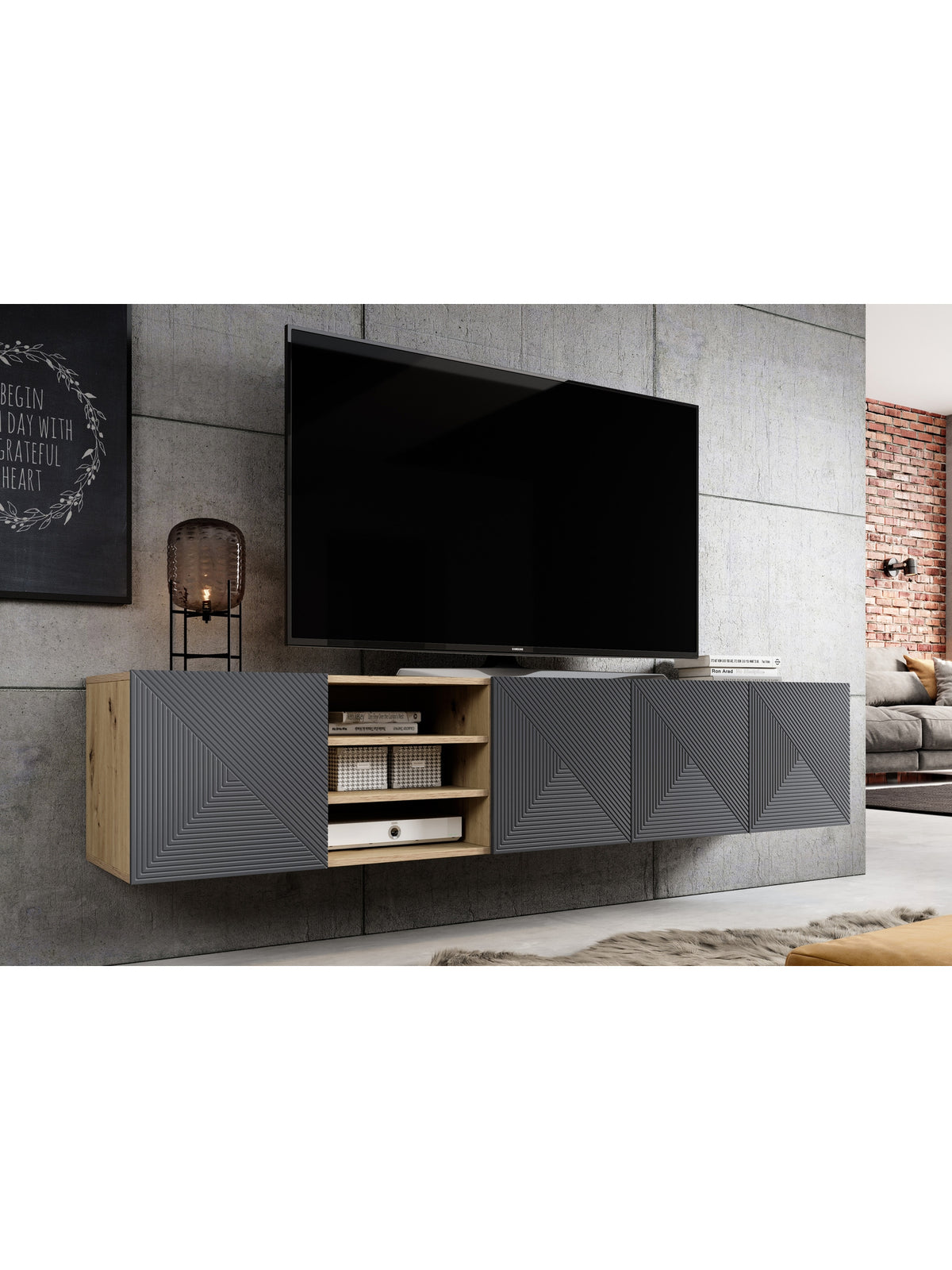Závěsná TV komoda Asha 200 cm s rýhovanými dvířky v barvě rivier stone mat