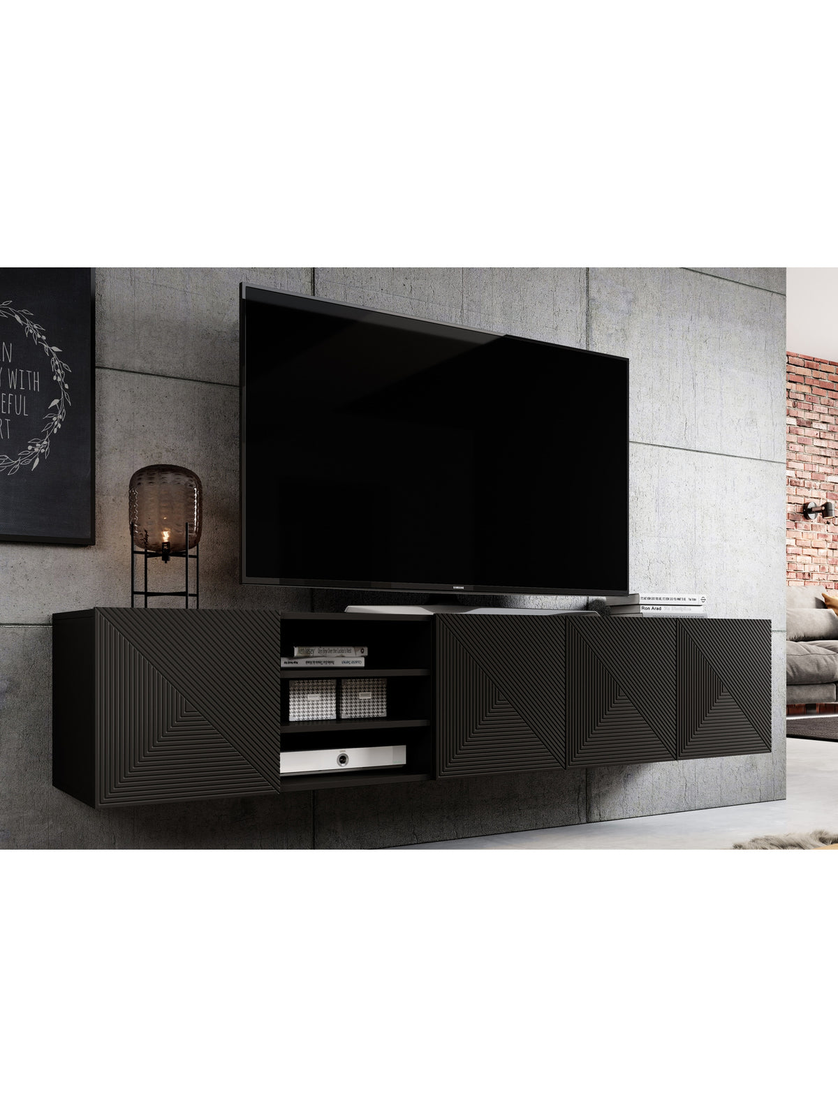 Závěsná TV skříňka Asha 200 cm černá matná s rýhovanými dvířky a třemi přihrádkami