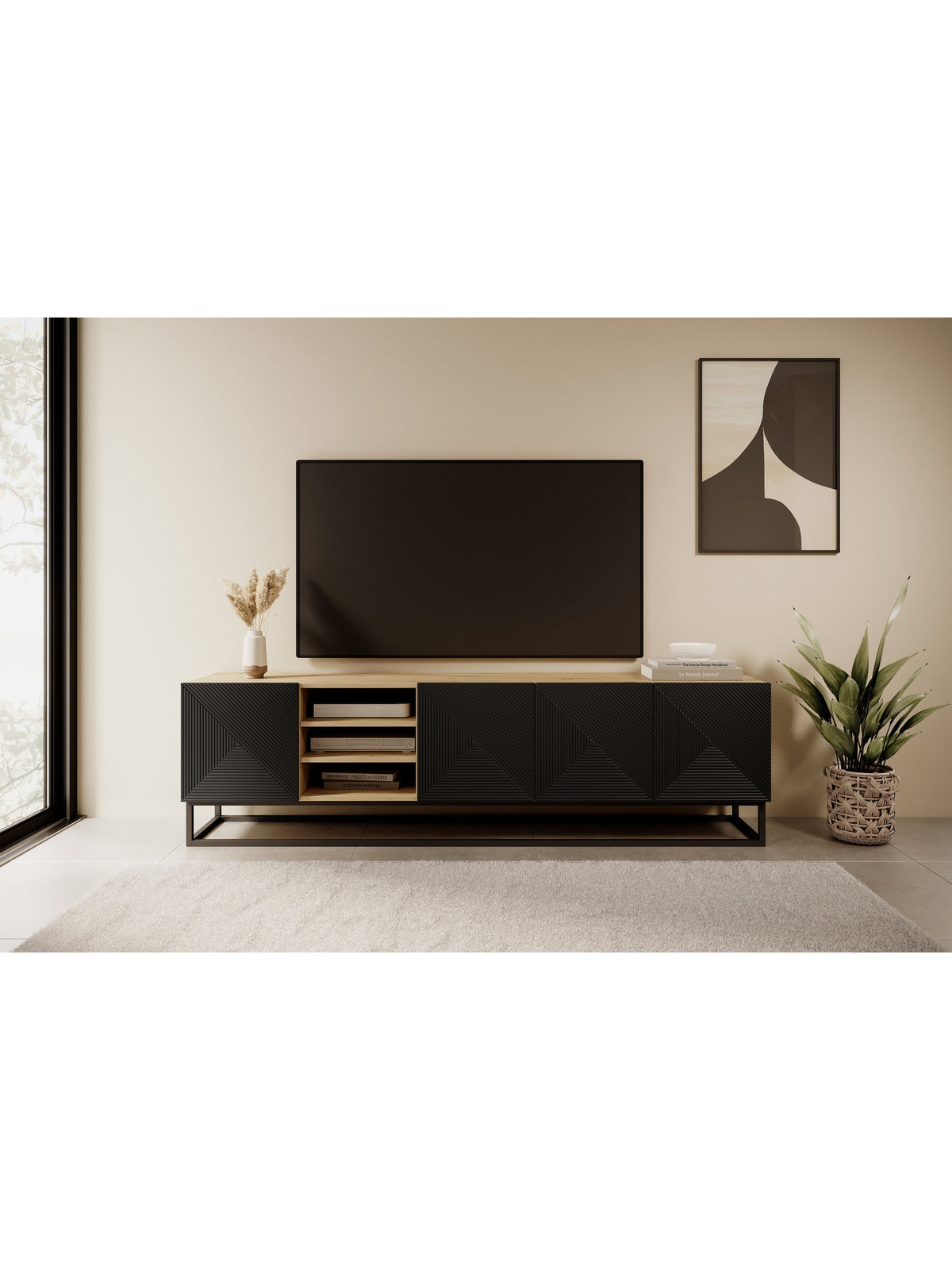 TV komoda Asha 200 cm s ryhovaným černým matným čelem a kovovým rámem