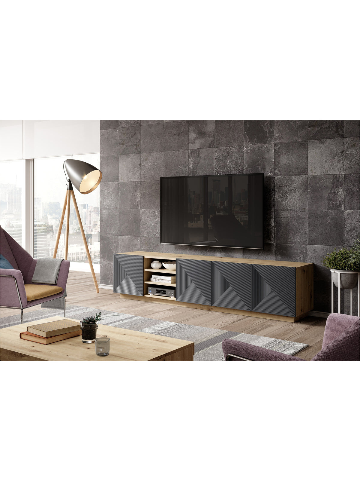 TV skříňka Asha 200 cm s rýhovaným předním panelem a třemi výklenky v barvách artisan a rivier stone mat