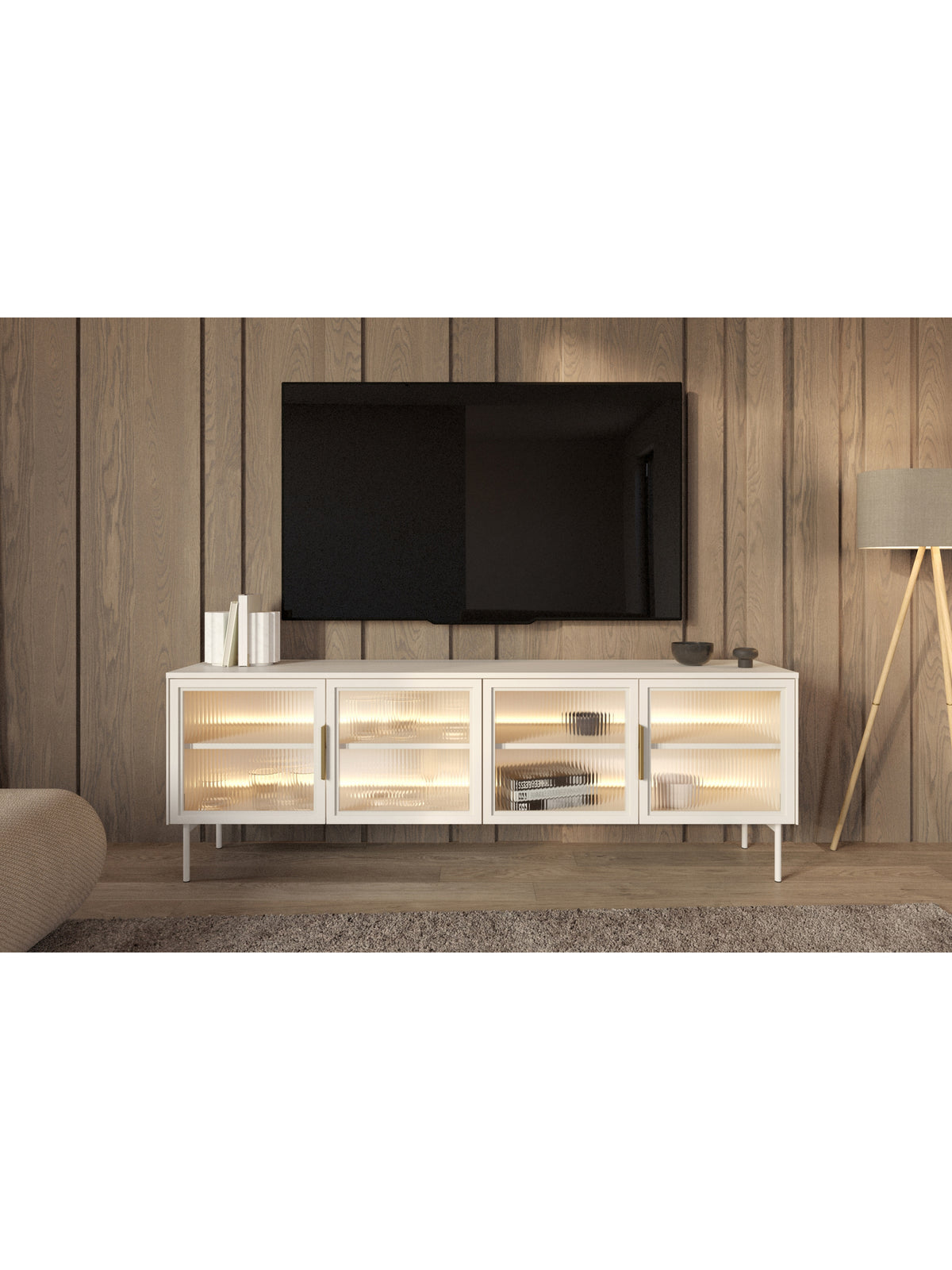 TV stolek Auri 181 cm cashmere s LED osvětlením a skleněnými dvířky