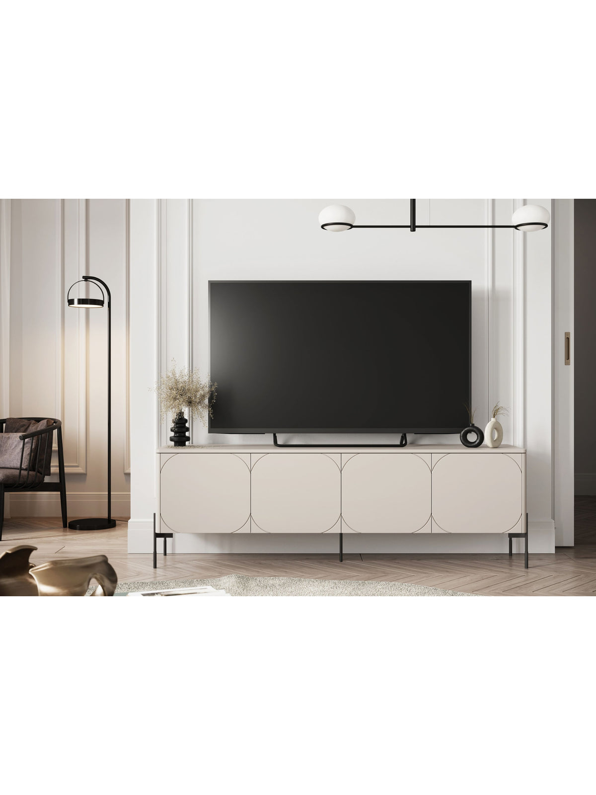 TV komoda Sonatia 200 cm kašmír matná s černými kovovými nohami, čtyři dveře, dvě zásuvky
