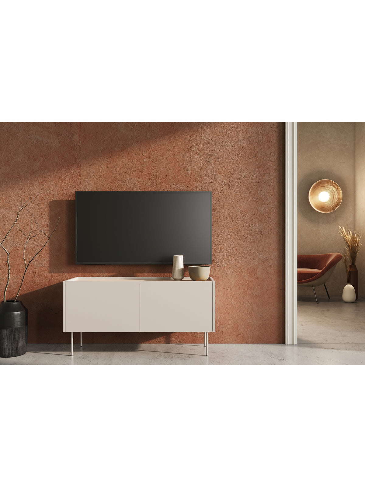 TV stolek Desin 120 cm kašmír s ukrytým šuplíkem a kovovými nohami, pohled zepředu