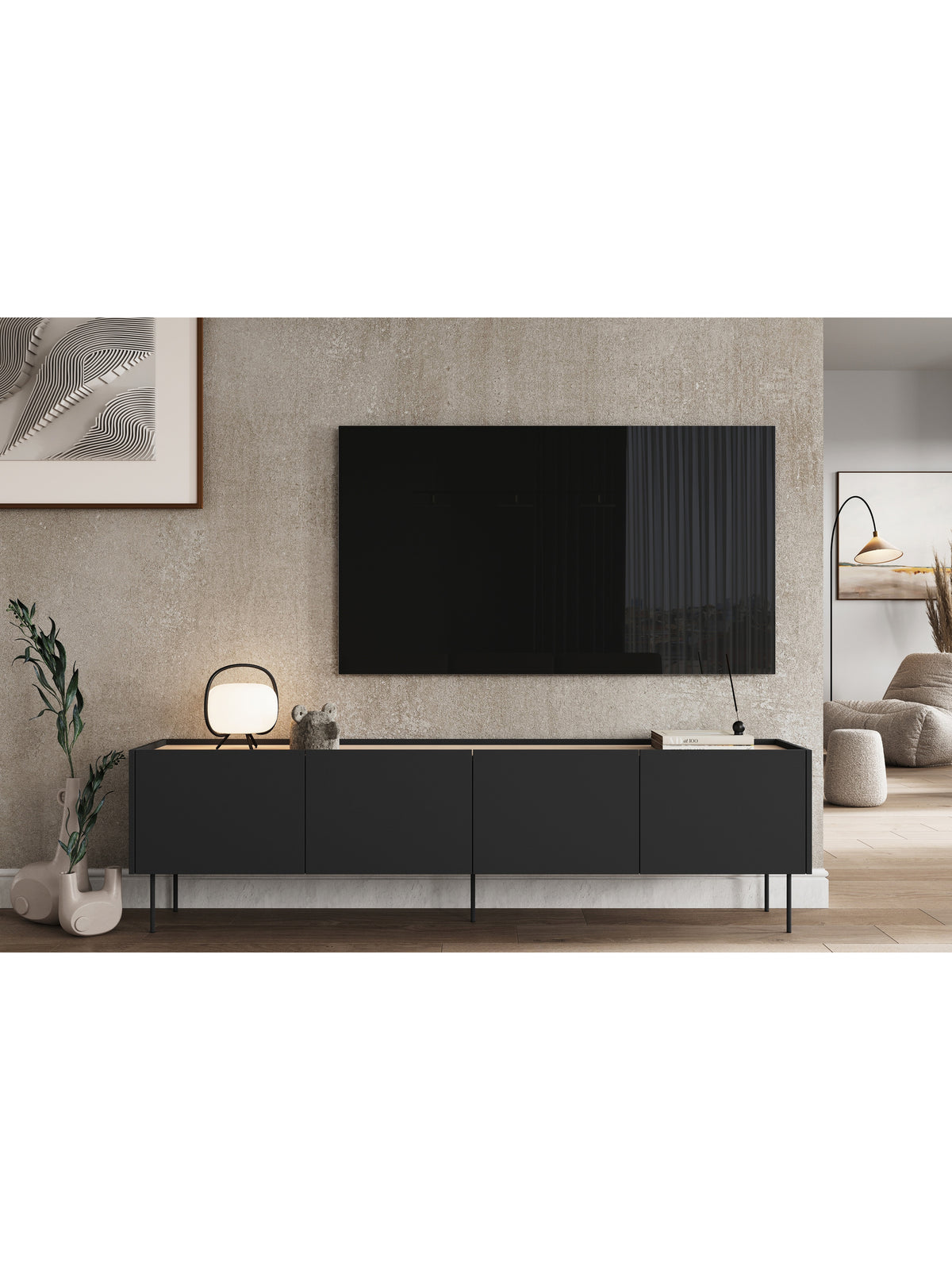 TV stolek Desin 220 cm černý mat s dubovou deskou Nagano a 2 skrytými zásuvkami