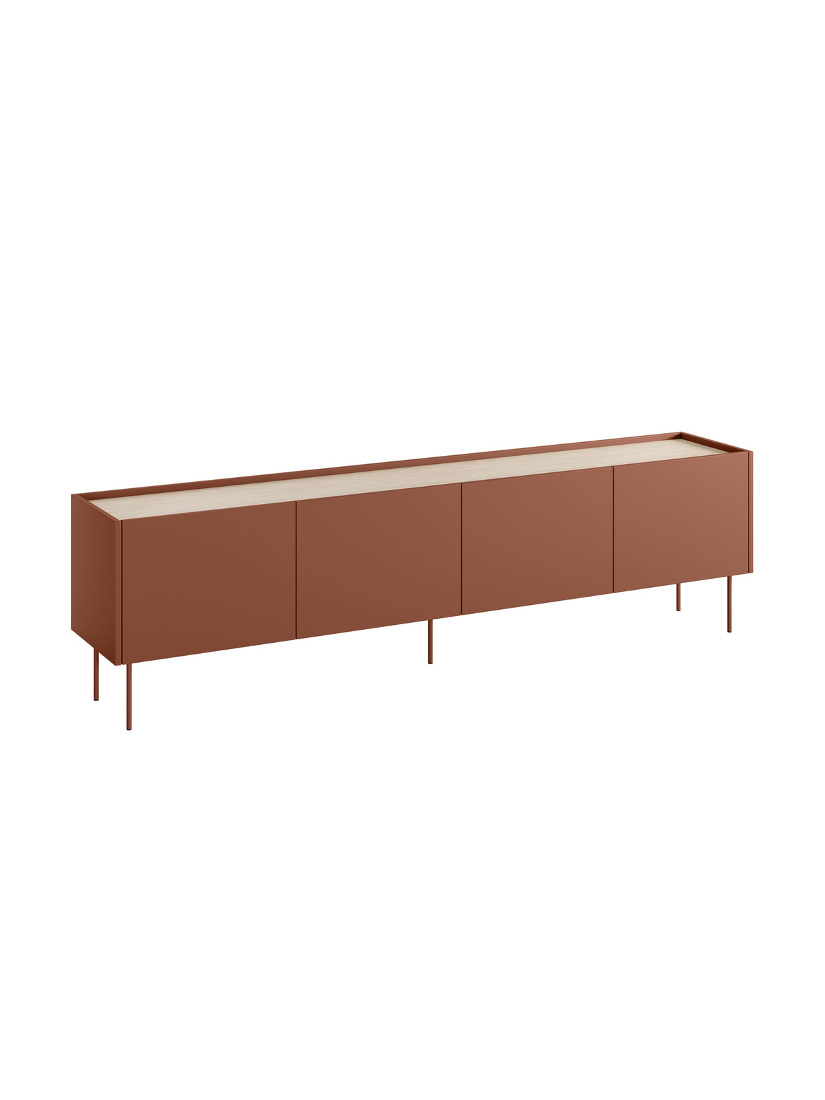 RTV skříňka Desin 220 cm v bordó barvě ceramic red s dubovou deskou na kovových nožkách