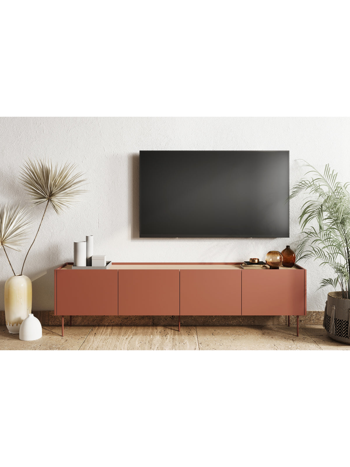 TV skříňka Desin 220 cm keramická červená s matnými dvířky a dubovým povrchem
