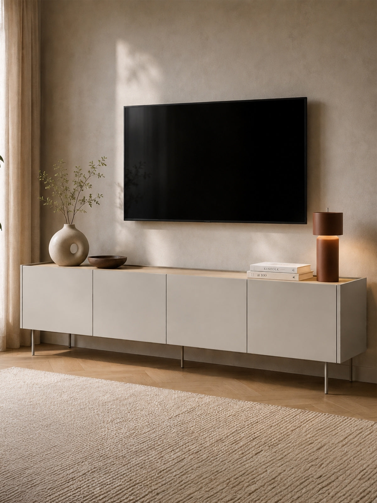 TV stolek Desin 220 cm kasmírový s dubovou deskou a kovovými nohami