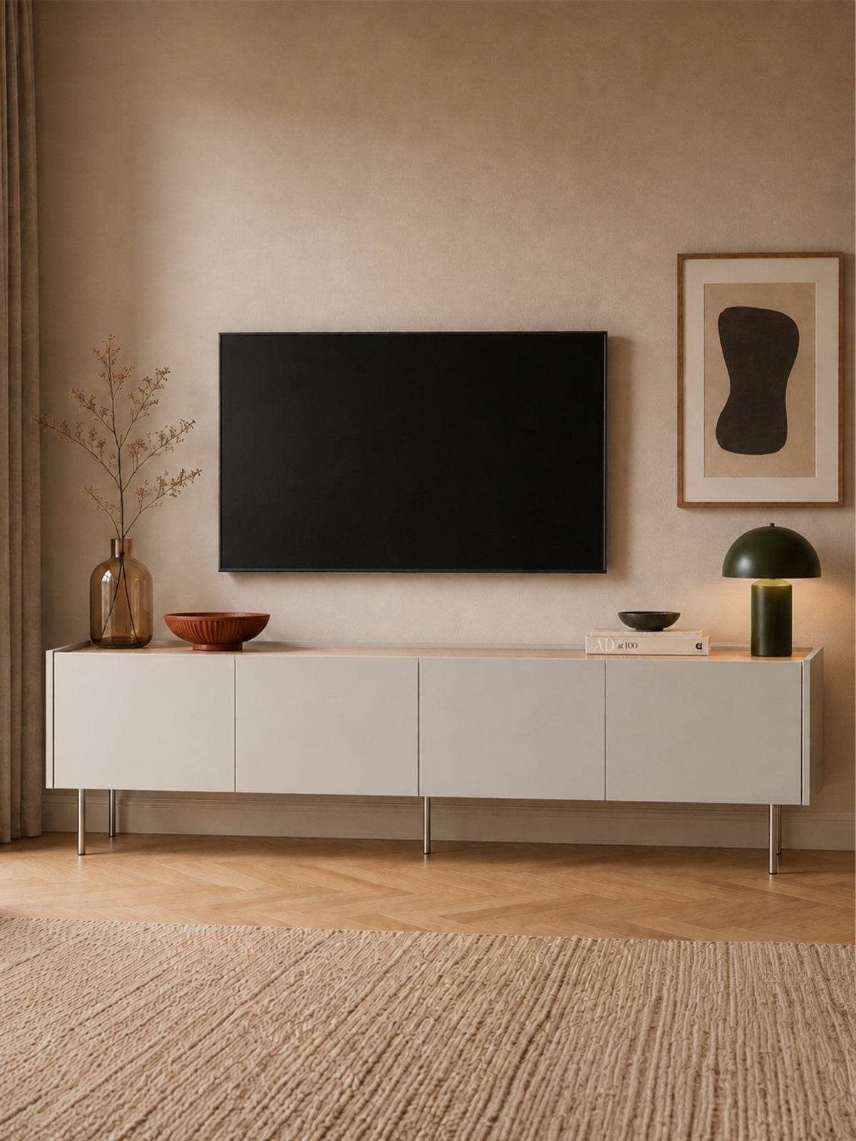 TV skříňka Desin 220 cm kasmirová s dubovým kamenem na kovových nohách