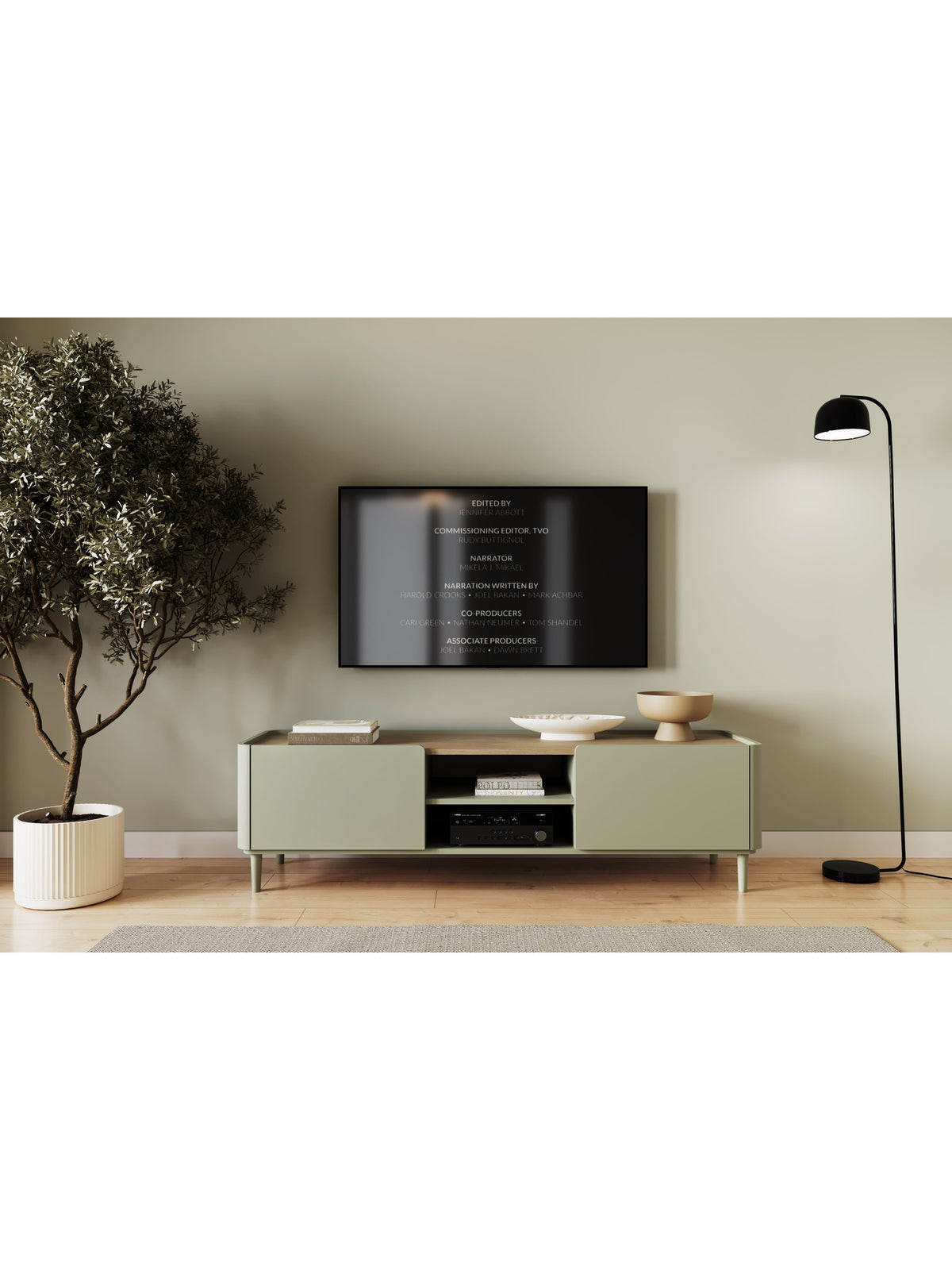 TV stolek Elivo 170 cm s nohami v barvě eukalyptus s deskou Baltic dune dub, čelní pohled