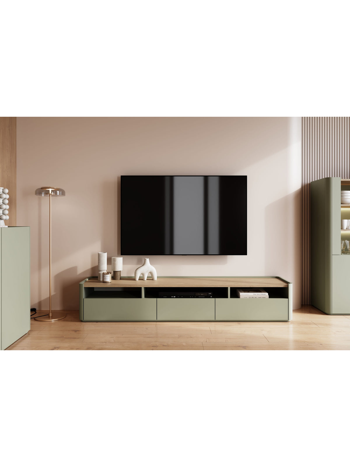 TV stolek Elivo 200 cm v barvě eukalyptus s deskou dub baltic dune, moderní design