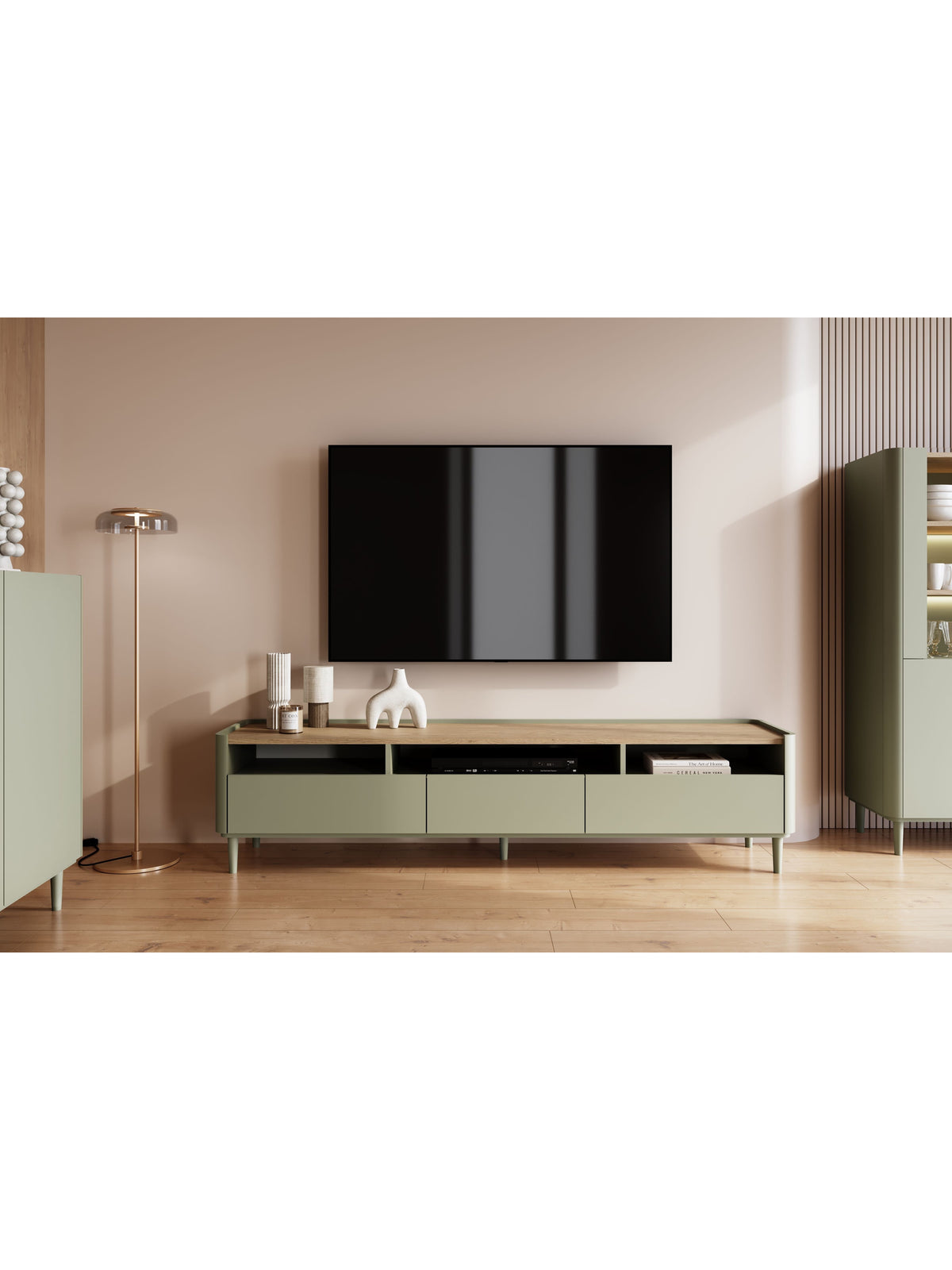 TV stolek Elivo 200 cm na nohách v barvě eukalyptus s deskou dub baltic dune