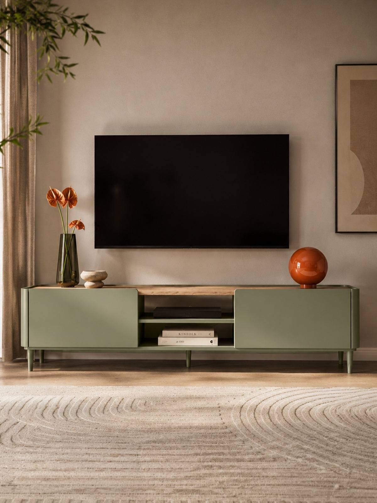 TV stolek Elivo 220 cm na nožičkách v eukalyptovém odstínu s deskou baltic dune dub