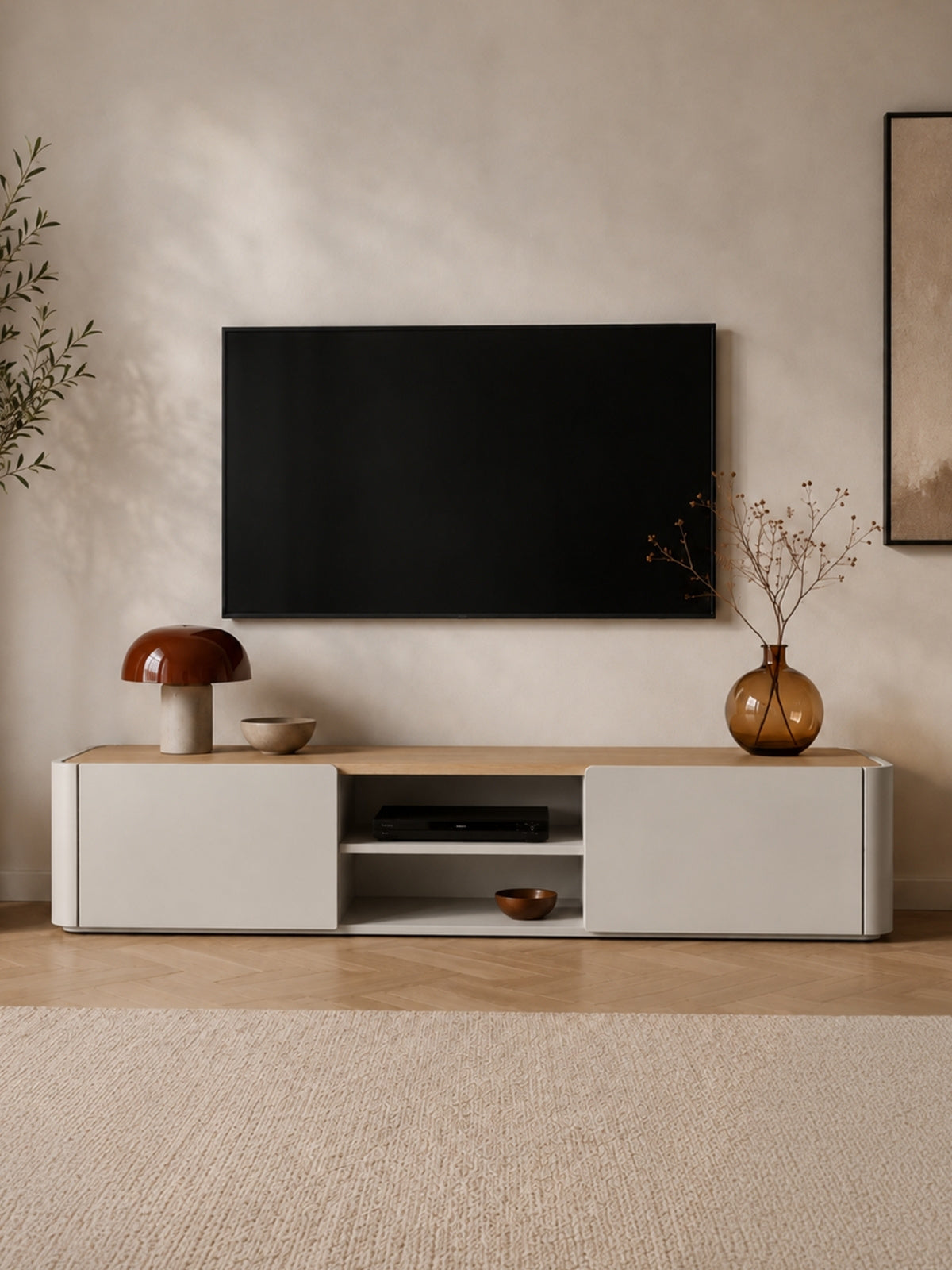 TV komoda Elivo 220 cm kasmírová se zásuvkou a dubovou deskou