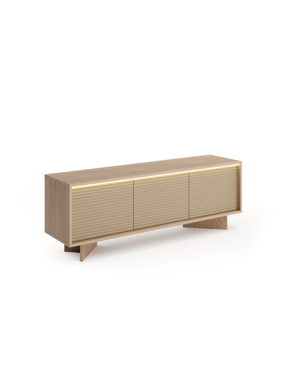 RTV komoda Erini 154 cm se třemi dvířky kouřová natural a cappuccino rýhovaný front