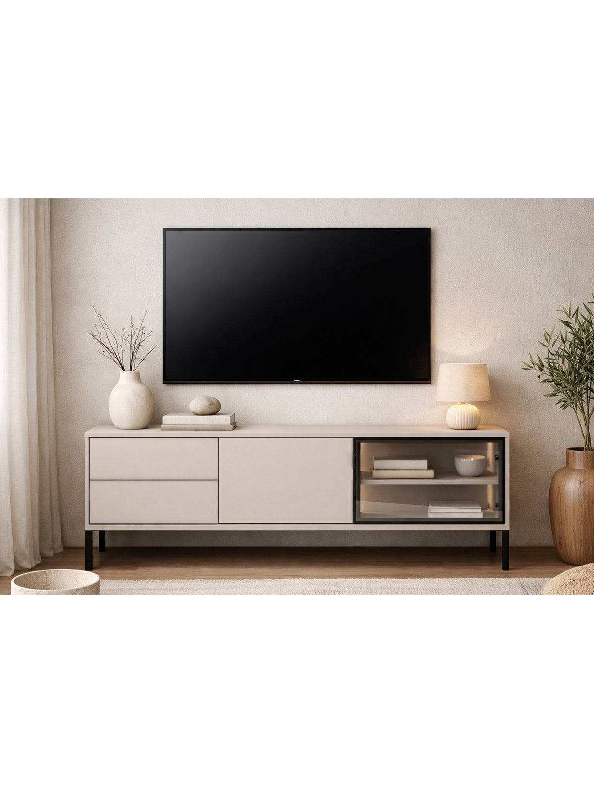 TV stolek Harmona 160 cm cashmere s LED osvětlením, zásuvkami a skleněným čelem