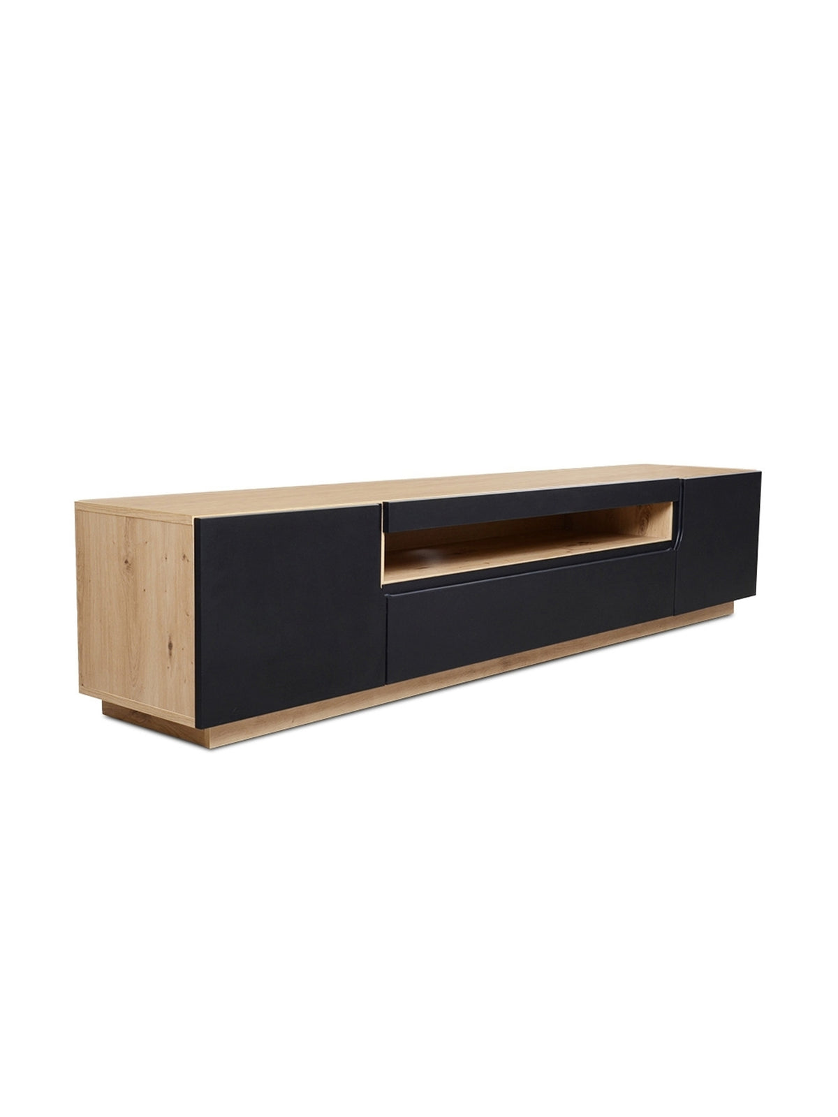 TV komoda Loftia 200 cm dvoudveřová černý mat s nikou a dubovým korpusem artisan