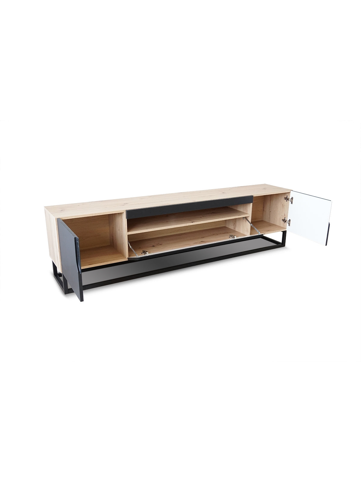 TV komoda Loftia 200 cm s nikou, černý mat, ryhované čelo, kovový rám