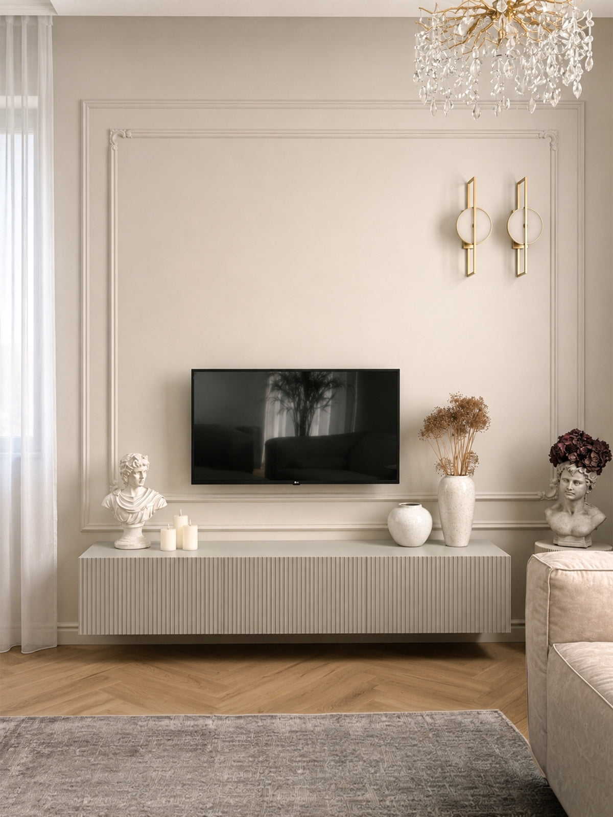 Závěsná RTV skříňka Nicole 200 cm s jednou zásuvkou v barvě kašmírový mat v interiéru
