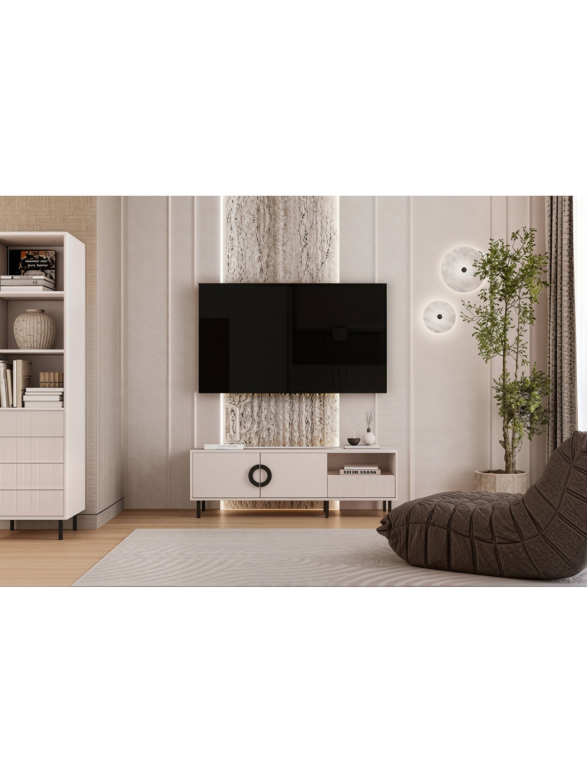 TV stolek Nubo 150 cm kasmírový s černými nohami a zásuvkou, lamino přední strana