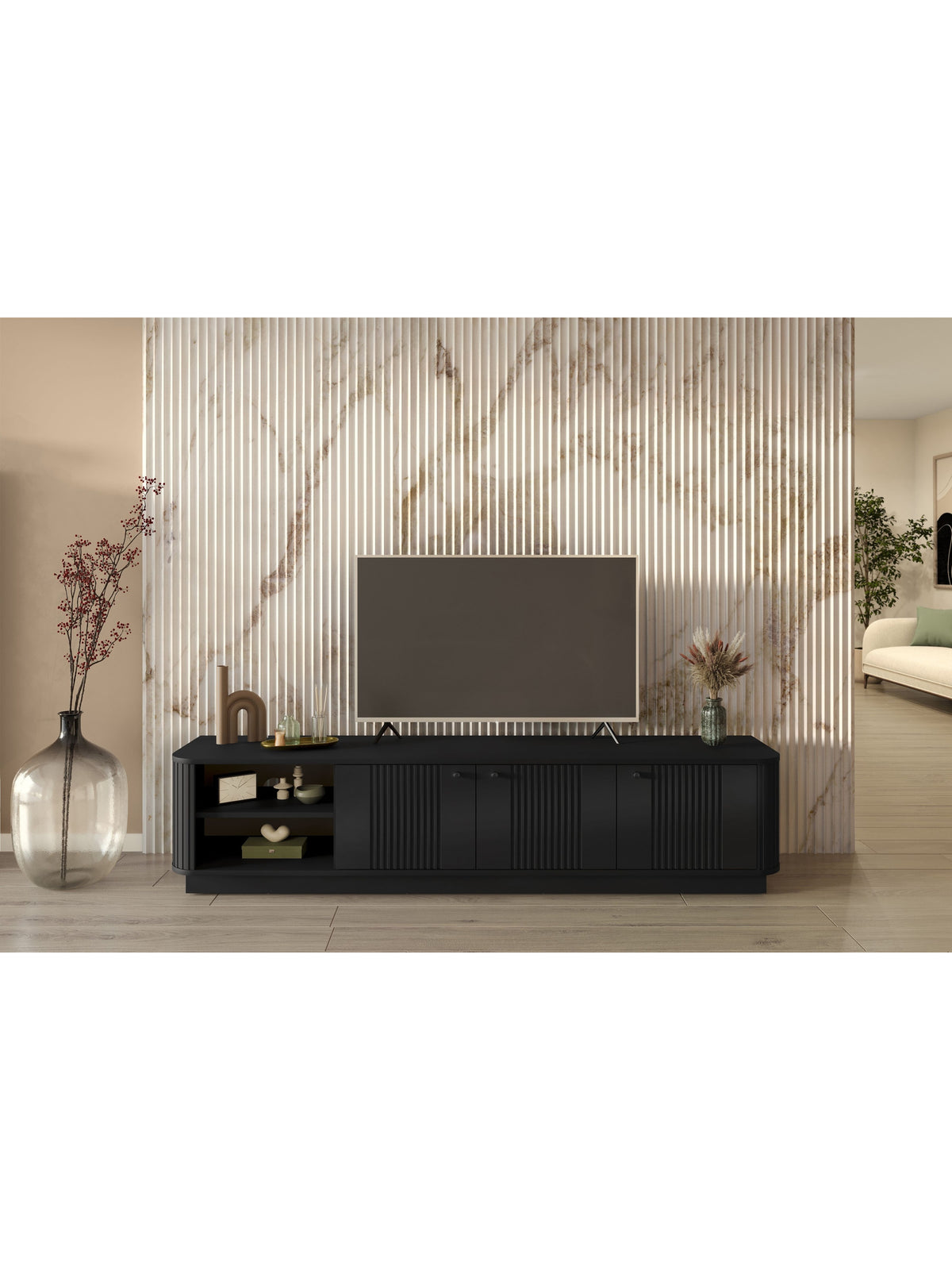 Černá TV komoda Vesper 3D 187 cm se třemi dvířky a drážkovanými předními deskami
