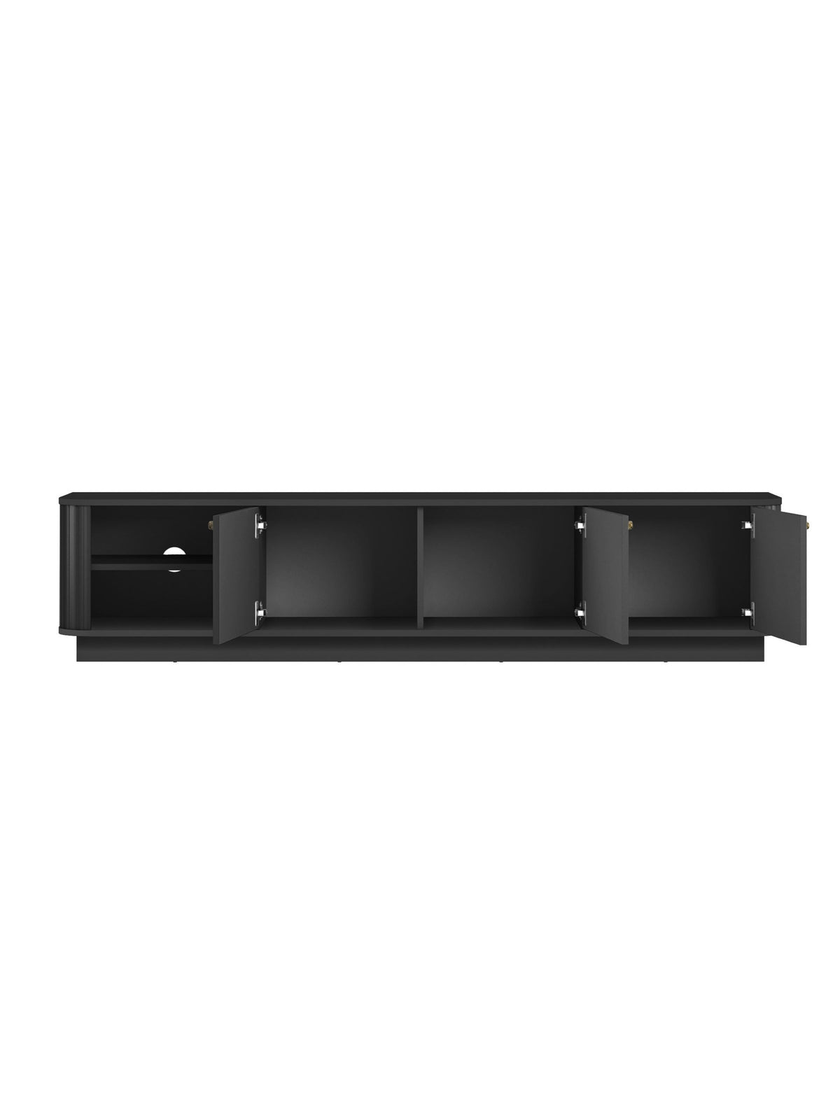 Černá TV komoda Vesper 3D 187 cm se třemi ryhovanými dveřmi a zlatými úchyty