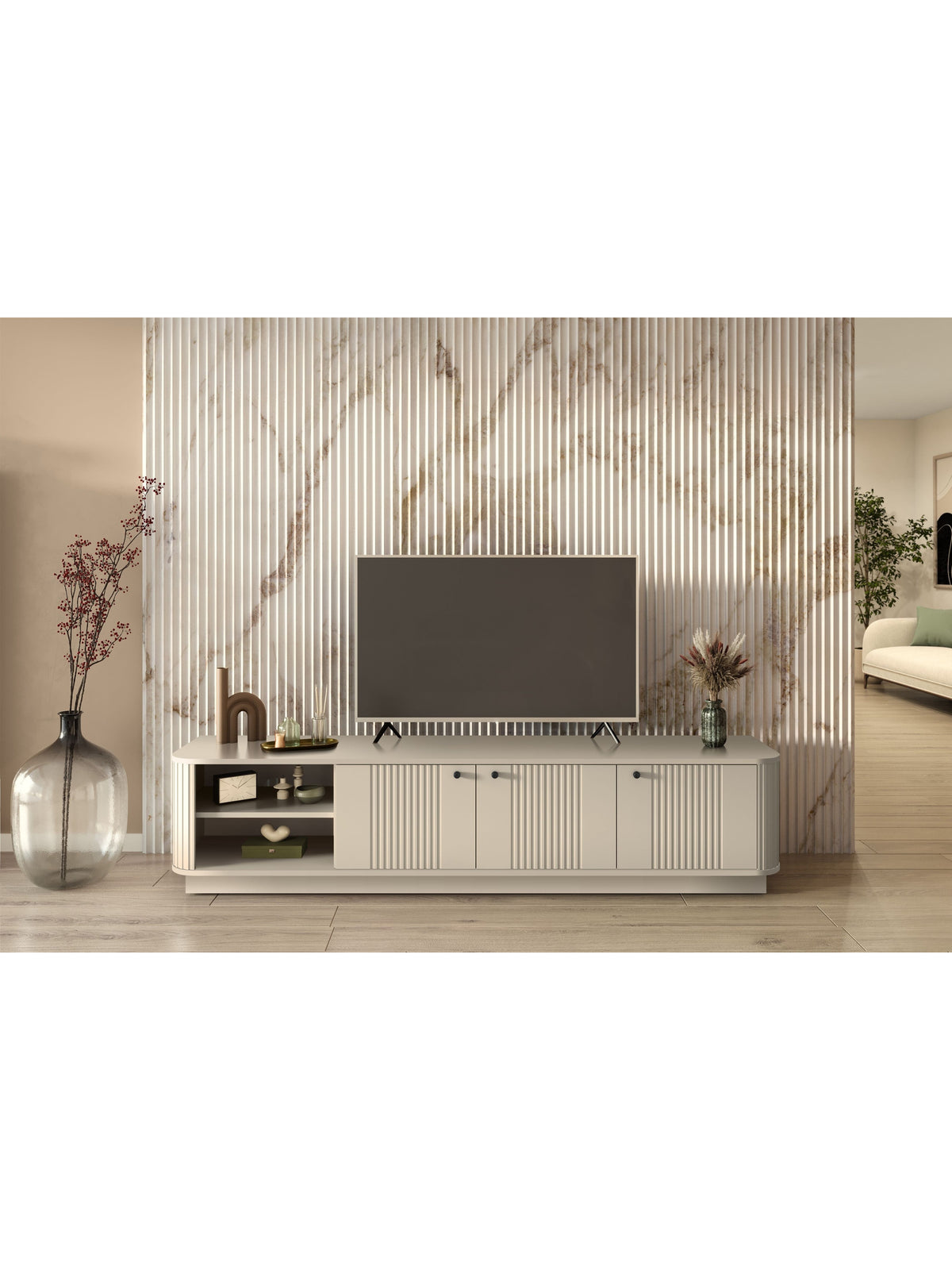 RTV skříňka Vesper 3D 187 cm v barvě cashmere s černými úchyty a žebrovaným čelem