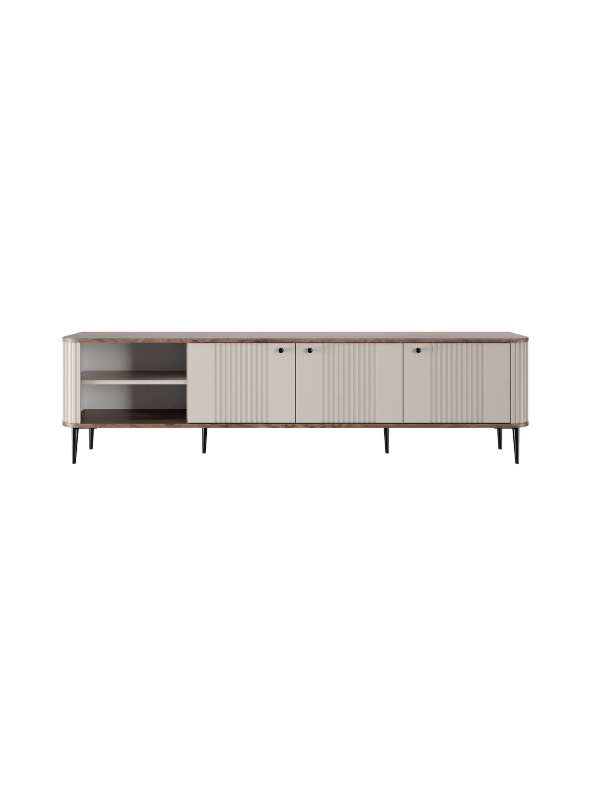 TV komoda Vesper 3D 187 cm v barvě cashmere s ryhovaným předním panelem a černými nohami, pohled zepředu