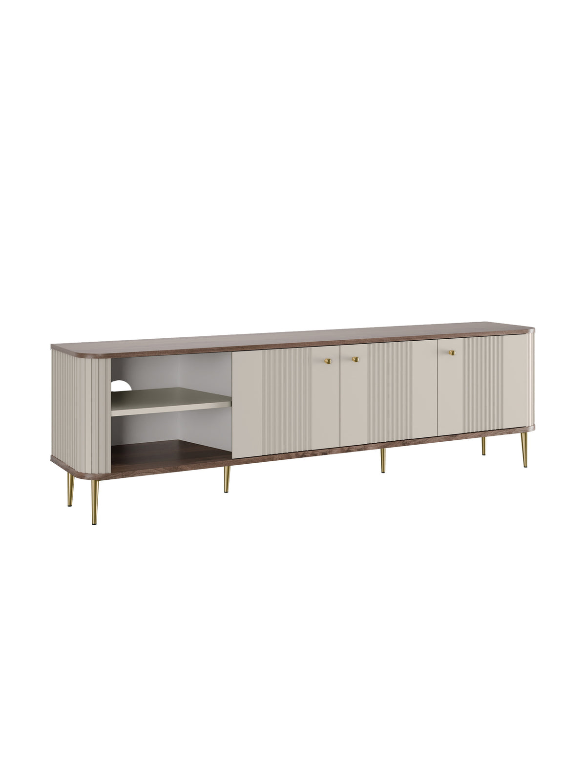 TV komoda Vesper 3D 187 cm kasmírová s ořechovou deskou a zlatými nohami s rýhovanými dvířky