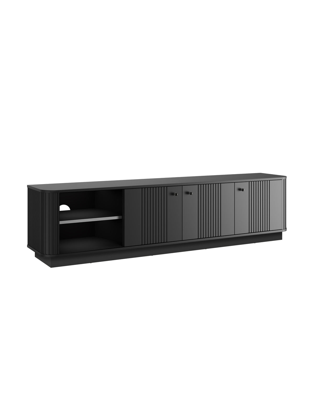 Černá RTV skříňka Vesper 3D 187 cm s třemi dveřmi a vroubkovanými předními panely