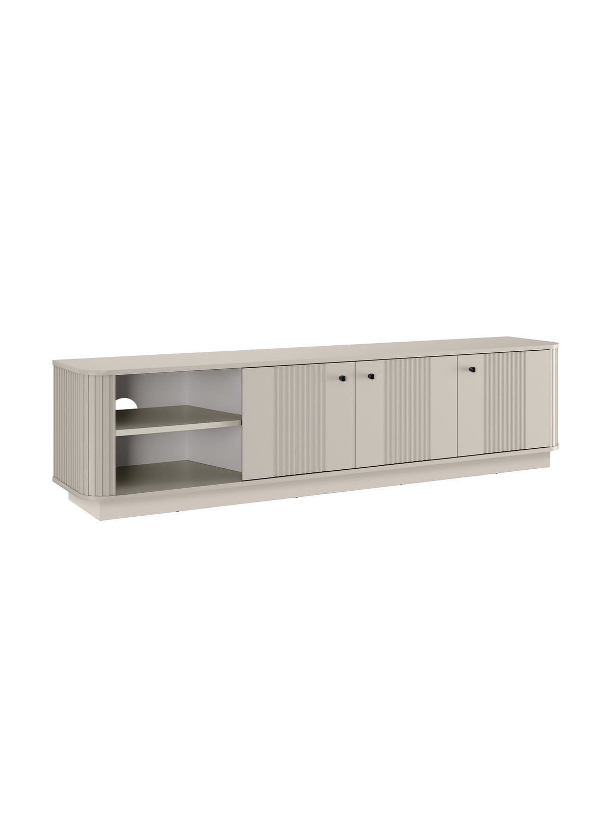 RTV komoda Vesper 3D 187 cm cashmere barva se černými úchyty na soklu, s žebrovanými dvířky