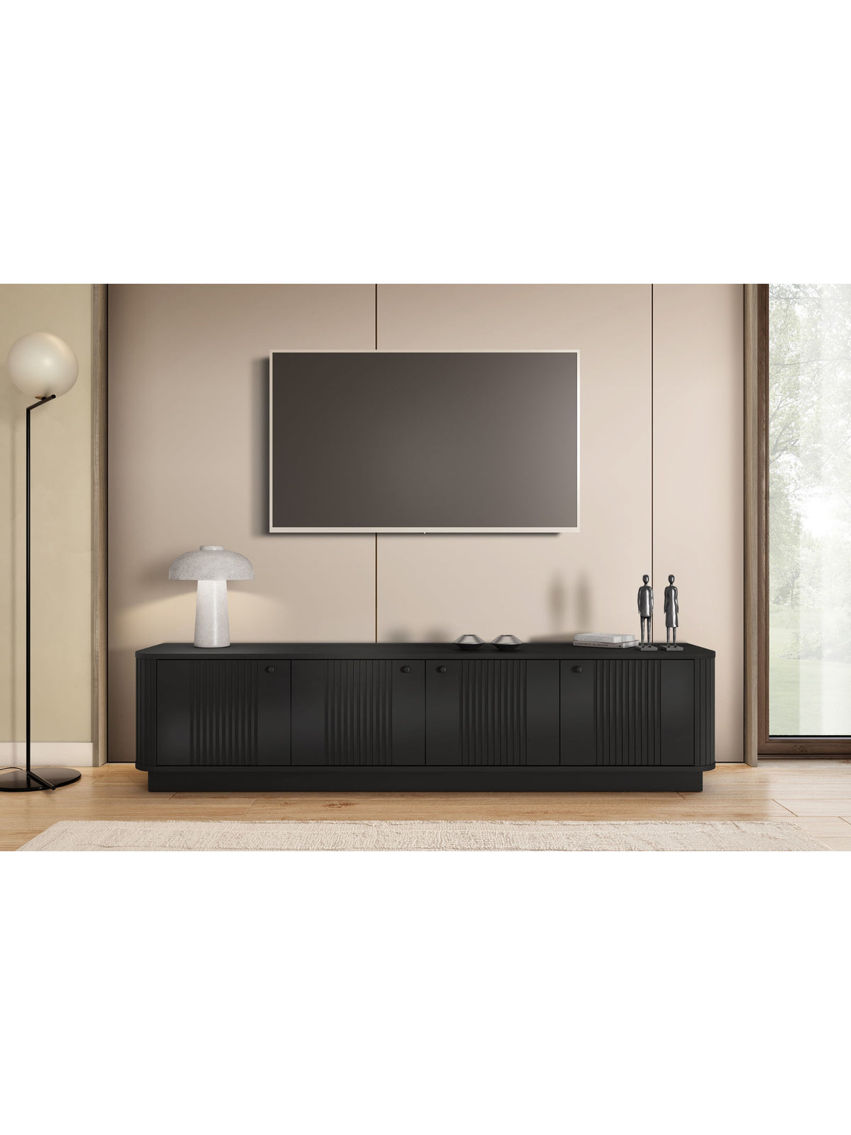 Černá TV skříňka Vesper 4D 187 cm s ryhovanými dvířky a černými úchyty