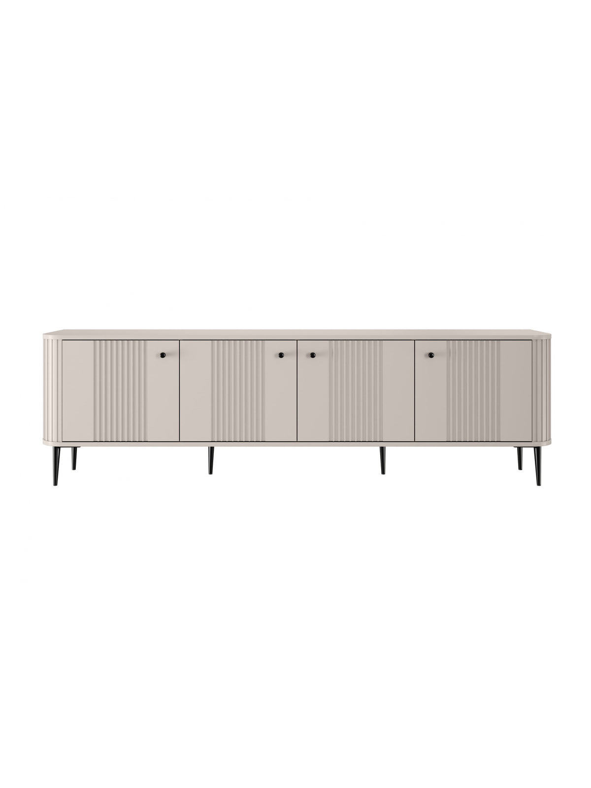 TV komoda Vesper 4D 187 cm v barvě cashmere s vroubkovanými dvířky a černými nohami