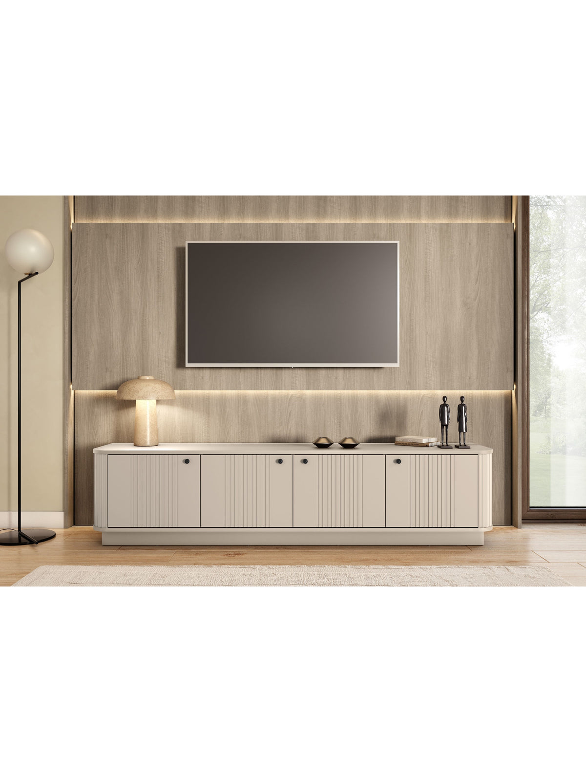 TV komoda Vesper 4D 187 cm kašmír s černými madly, rýhované přední plochy, podstavec