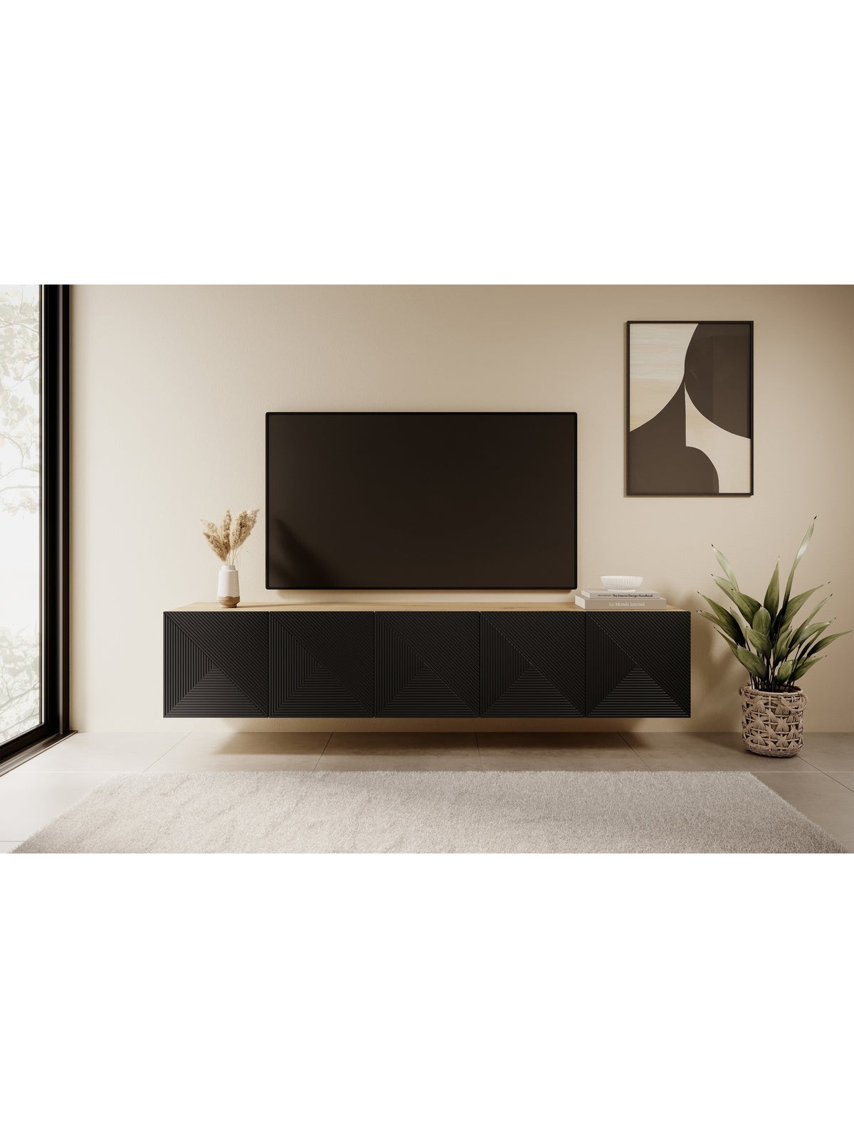 Závěsná TV skříňka Asha 200 cm s ryhovaným černým matným předním panelem a tělem dub artisan