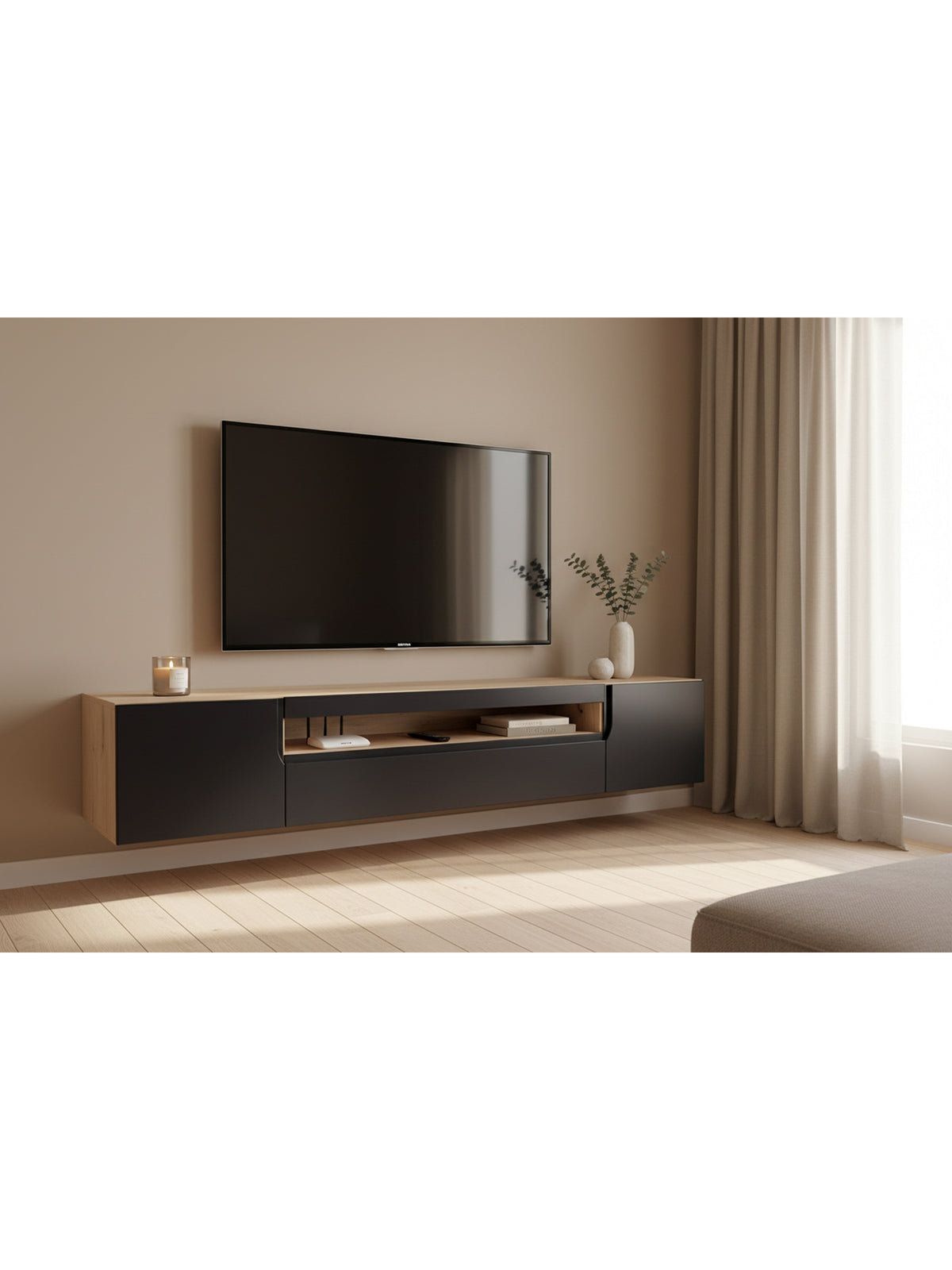 Loftia závěsná TV skříňka 200 cm s dvěma dveřmi a výklenkem černý mat/dub artisan