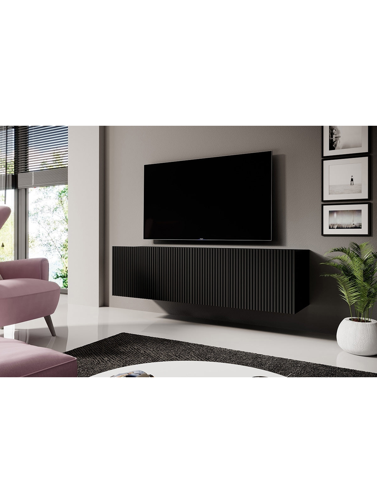 skříňka RTV závěsná Nicole 150 cm z szuflada - černá / černá mat